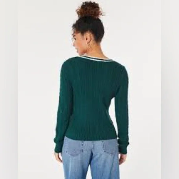HOLLISTER Green V-neck Cable sweater long sleeve X-SMALL - Picture 5 of 8